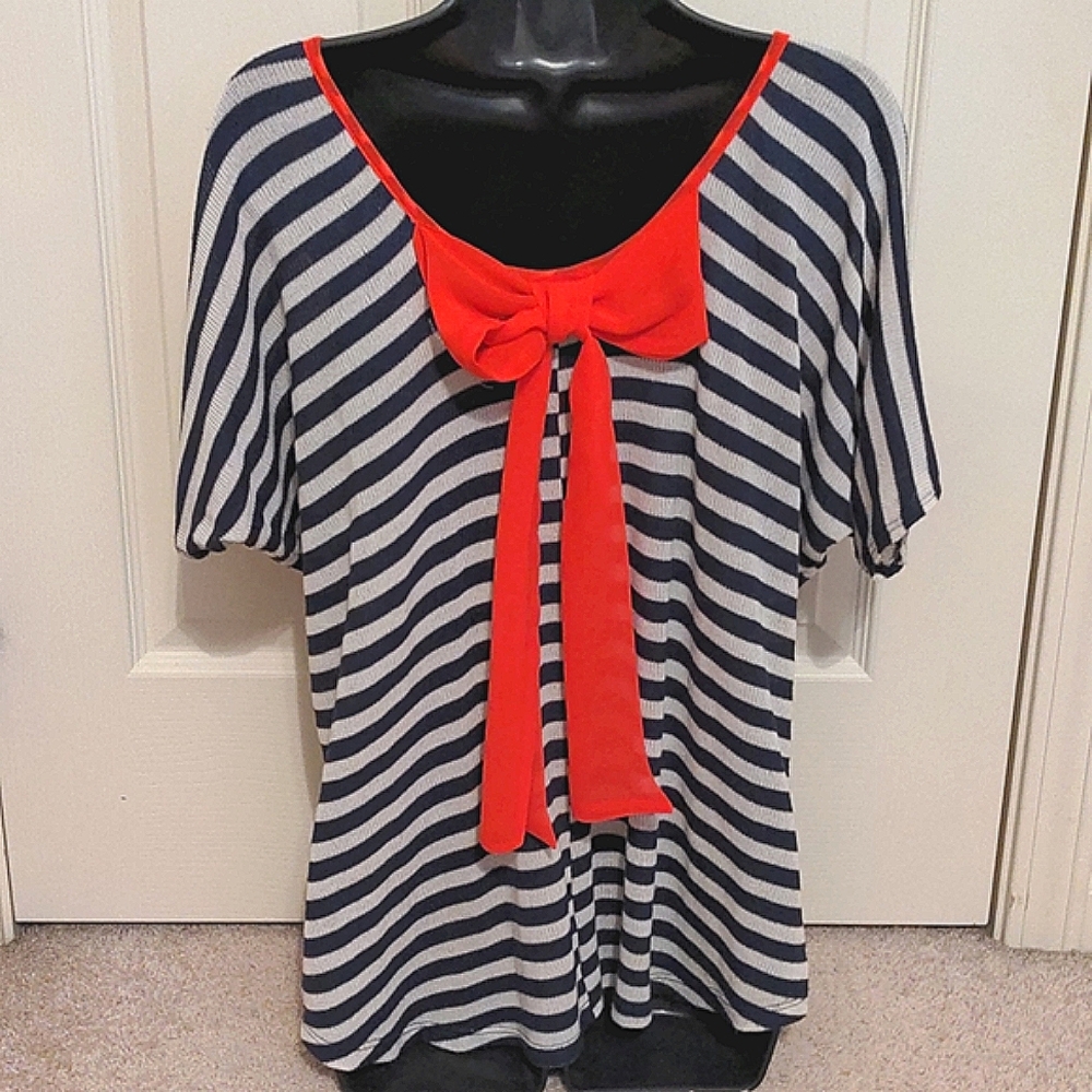 Moonlight Short-Sleeve Striped Top with Bow